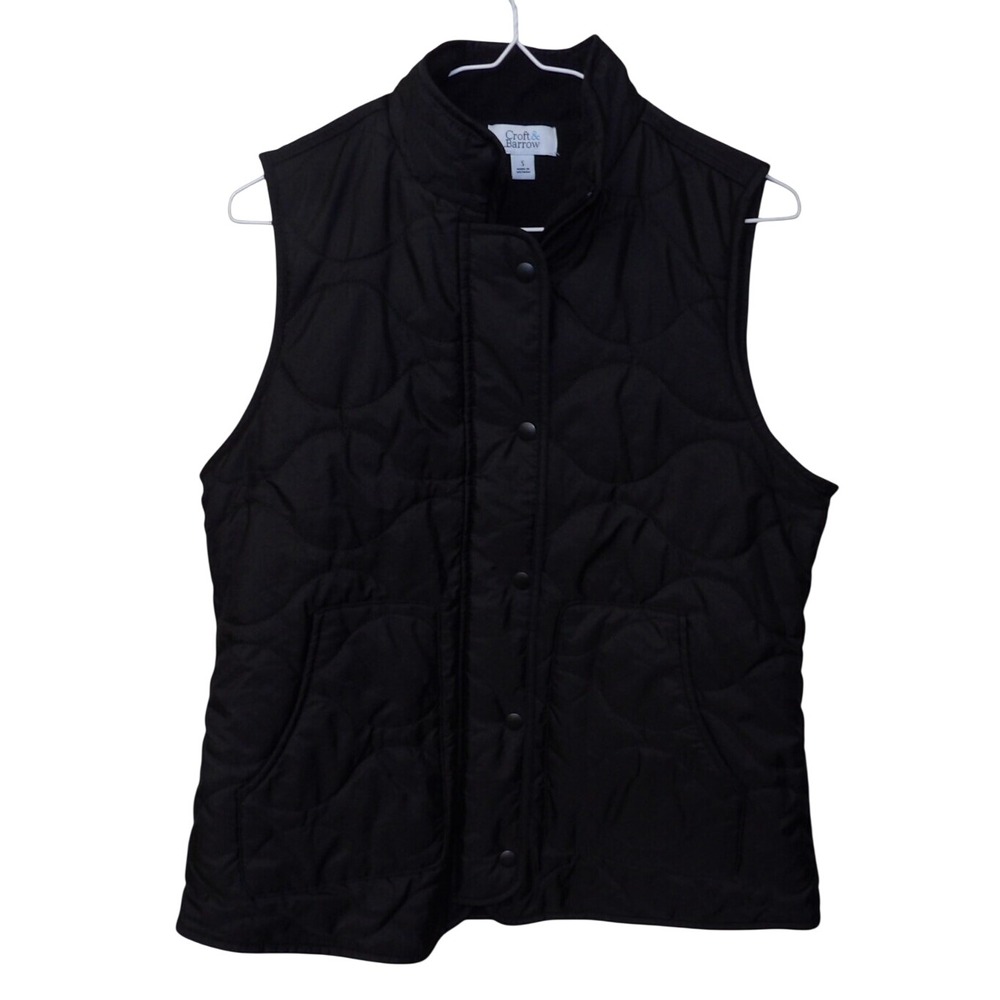Croft & Barrow Womens Black Quilted Snap Front Fleece Lined Puffer Vest Size S